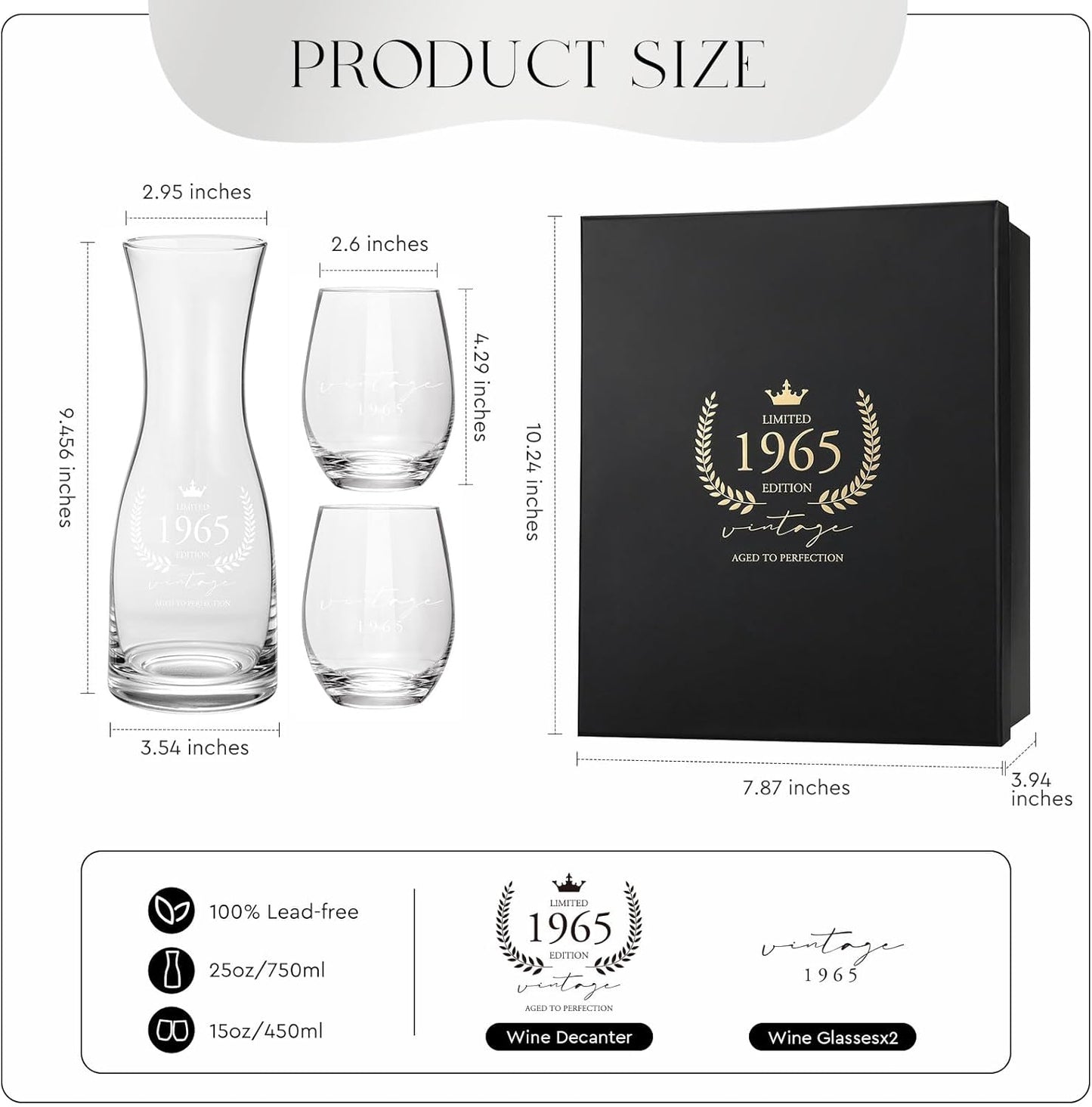 AW BRIDAL 60th Birthday Gifts for Women, 60th Birthday Decorations for Her, Vintage 1965 Wine Glasses 60 Year Old Birthday Gifts for Women Friend Sister Mom, Anniversary Wedding Gift for Couples