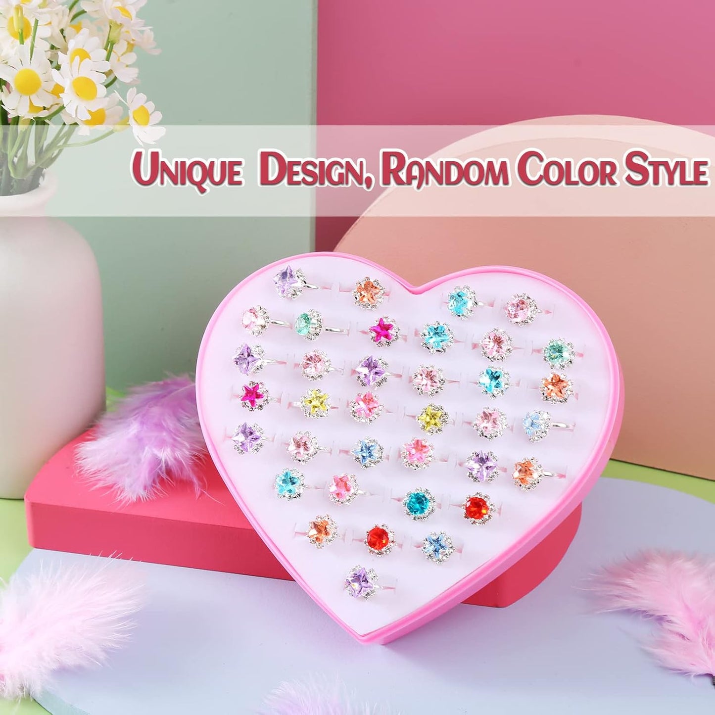 36pcs Little Girl Rhinestone Gem Rings,Adjustable,Random Color Style Diamond Kids Play Rings in Box,Pretend Play and Dress Up Rings for 4-12 Year Old Girl Birthday Gifts, 3 4 5 6 7 8 9 10 11 12