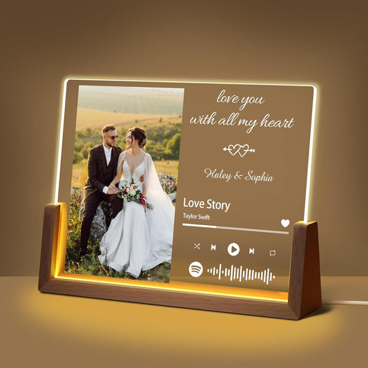 Personalized Valentine's Day Couple Gifts For Him Her, Custom Acrylic Spotify Plaque Christmas Gifts For Boyfriend Girlfriend,Custom LED Picture Frame For Women Men Anniversary Birthday Wedding Gift