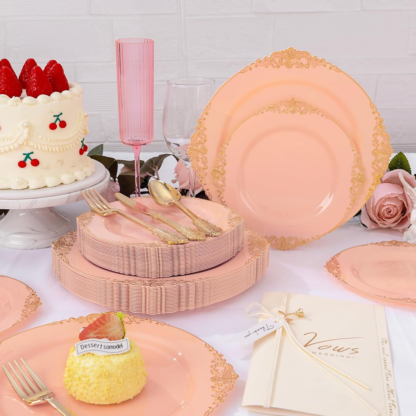 125PCS Peachy Pink Plastic Plates - Elegant Pink and Gold Dinnerware Set - Heavy Duty Disposable Plates with Gold Silverware Sets for 25 Guests for Wedding & Party & Bridal Shower