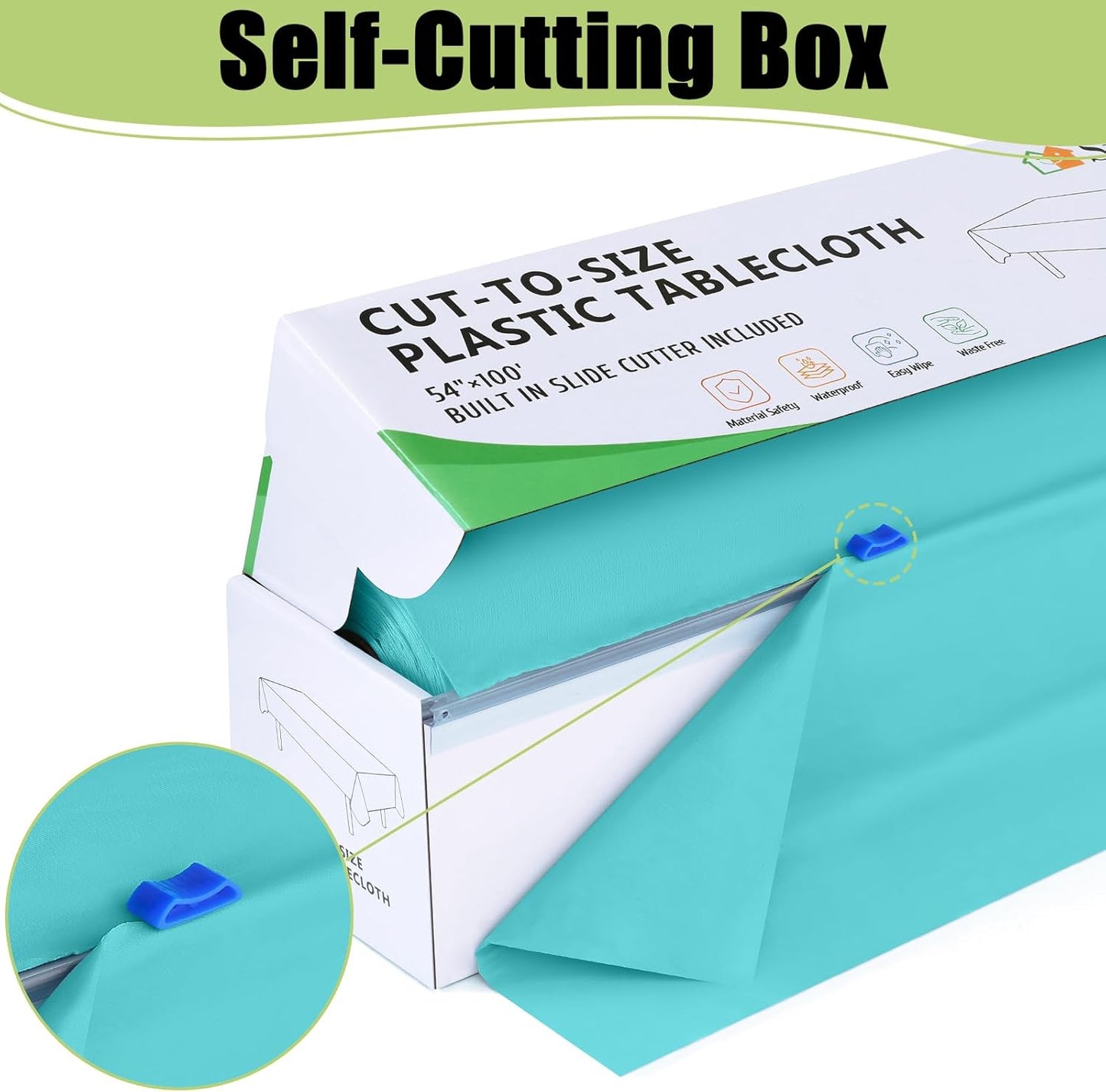 Smiry 54 Inch x 100 Feet Disposable Table Cover Roll, Teal Plastic Table Cloth in Cut-to-Size Box with Slide Cutter, Waterproof Rectangle Tablecloths for Weddings, Banquets, Outdoor