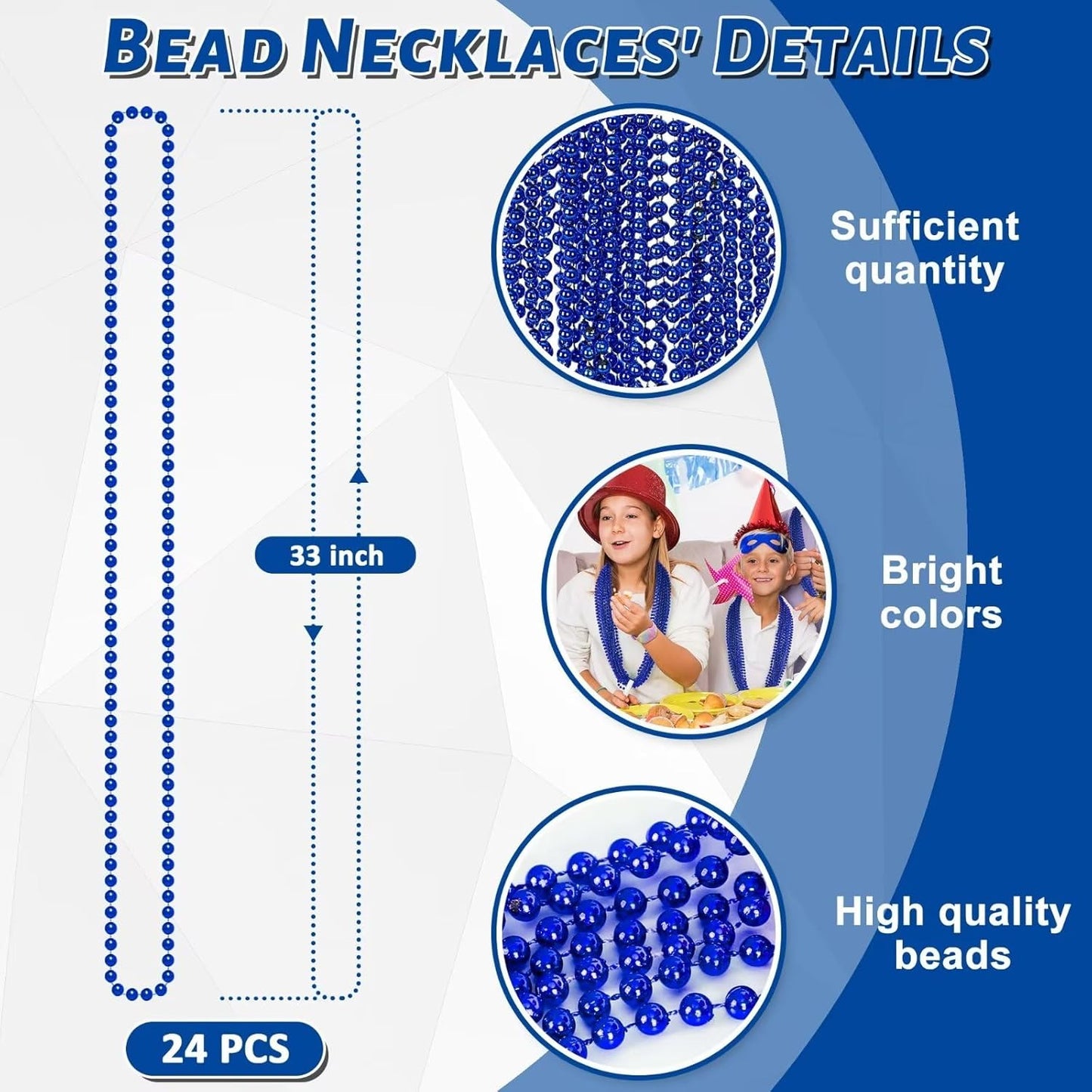 24PCS Christmas Bead Necklace, Blue Bead Necklaces Stuff, 33" Mardi Gras Beads Necklace Costume, Festival Parade Throw Accessories for Wedding Birthday Gender Reveal Party Events Supplies Decorations
