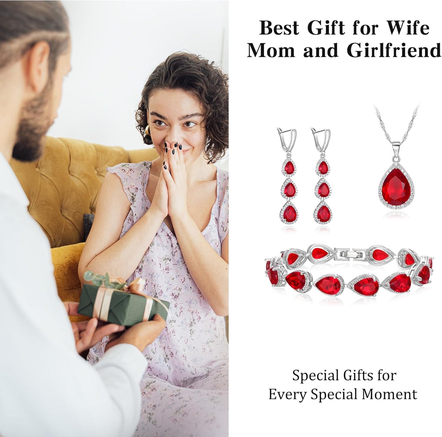 EleQueen Water Drop Pendant Necklace Long Dangle Earrings Tennis Bracelet Set, Sparkle Cubic Zirconia Teardrop Wedding Jewelry Sets for Bride Bridesmaid