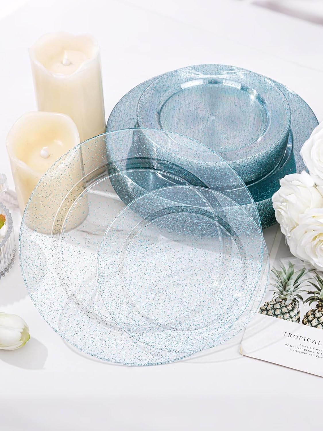 WDF 200PCS Blue Plastic Plates - Blue Glitter Plastic Plates - Heavy Duty Disposable Plates - Include 100 Dinner Plates 10" and 100 Dessert Plates 7" for Parties/Wedding/Graduation