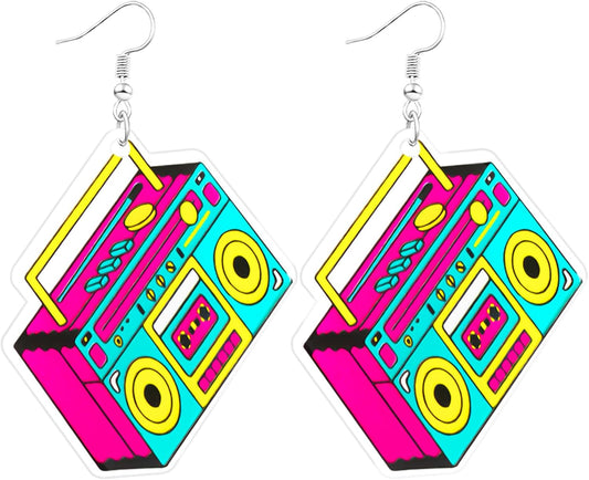 90s 80s Earrings for Women Retro Cassette Tape Earrings Acrylic Radio Tape Drop Dangle Earring for Halloween Cosplay Glow Party Music Festival Costume Accessories