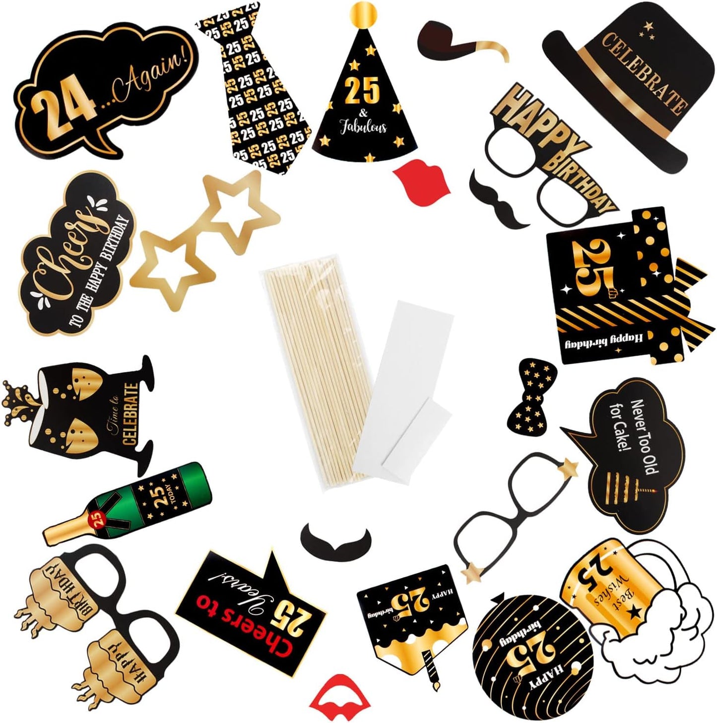 LINGTEER Happy 25th Birthday Party Photo Booth Props,Cheers to 25th Birthday 25th Years Old Bday Party Centerpieces Props Decorations Sign.