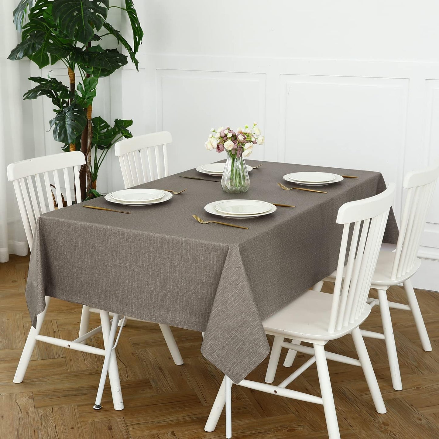 Romanstile 100% Waterproof PVC Tablecloth, Rectangle Oil Spill Proof Stain Resistant Vinyl Table Cloth, Wipe Clean Plastic Table Covers for Kitchen/Dining/Parties - 60 x 84 Inch, Brown