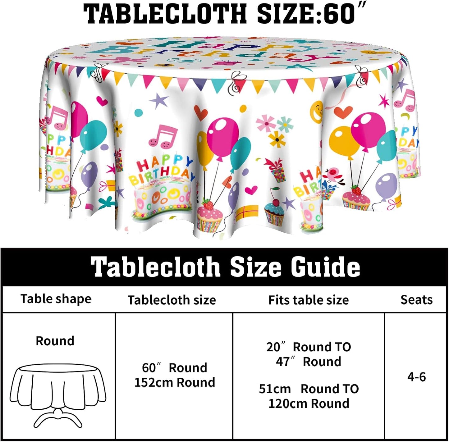 Giwawa Happy Birthday Round Tablecloth- Birthday Cake Design with Colorful Flags Balloons Gifts Collection- 60in Circle Table Cloth Cover for Birthday Party Decoration Kitchen Dining Room