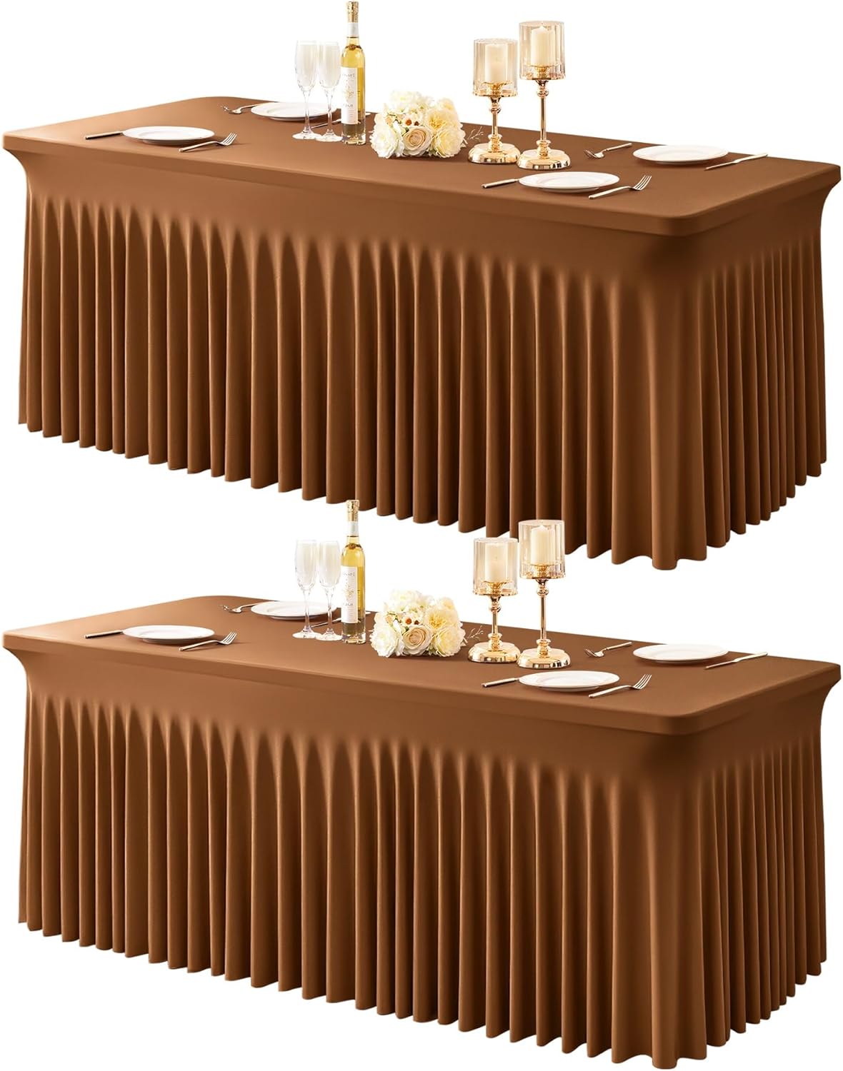 2 Packs Brown Table Clothes for 8 Foot Rectangle Tables, One-Piece Wrinkle Resistant Stretch Spandex Table Covers with Skirt for Event Banquet Wedding Birthday Party