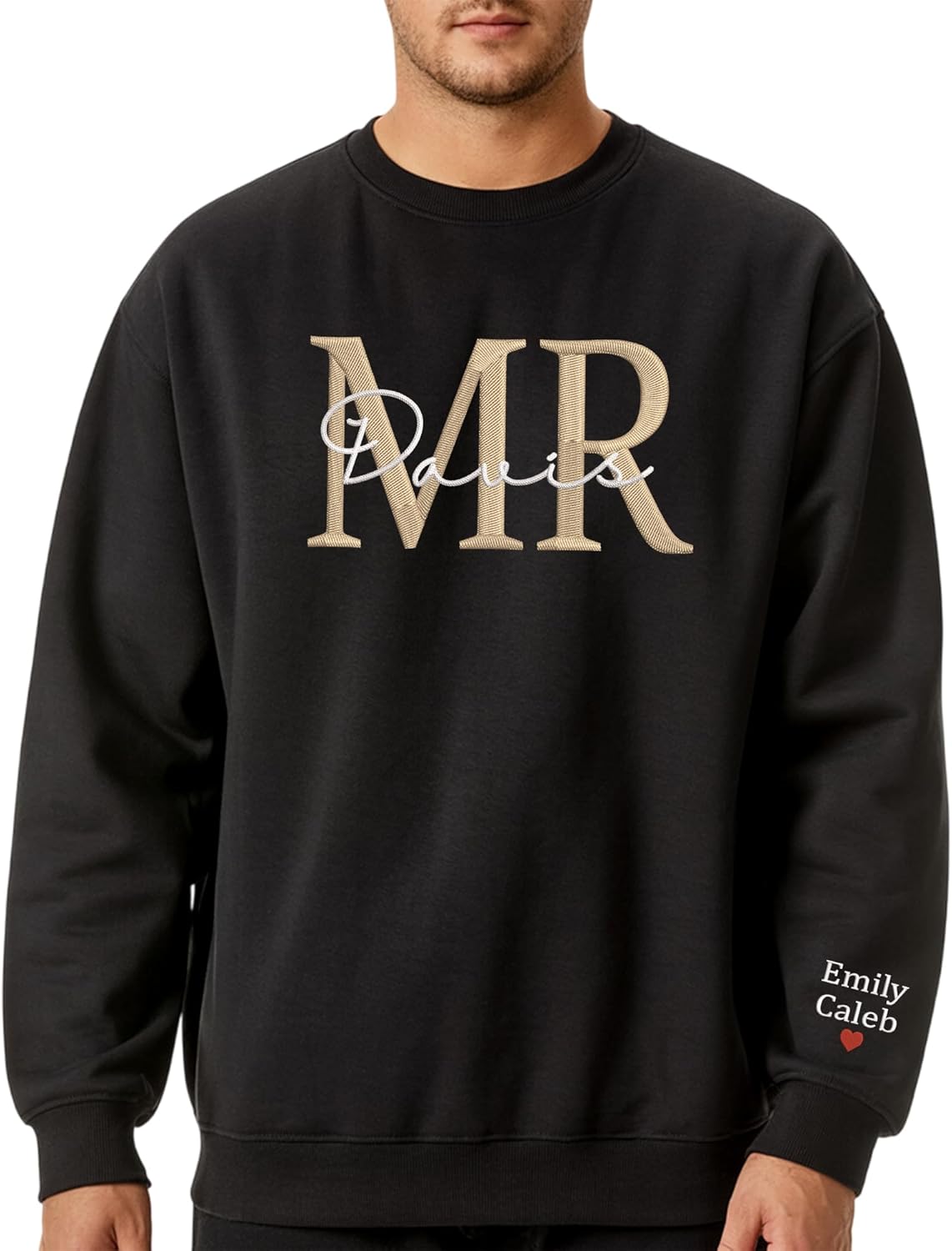Custom Mr & Mrs Embroidered Sweatshirt – Matching Couple Sweatshirt - Personalized Anniversary Date or Text on Sleeve – Gifts for Him and Her, Wedding, Valentine’s Day, Christmas