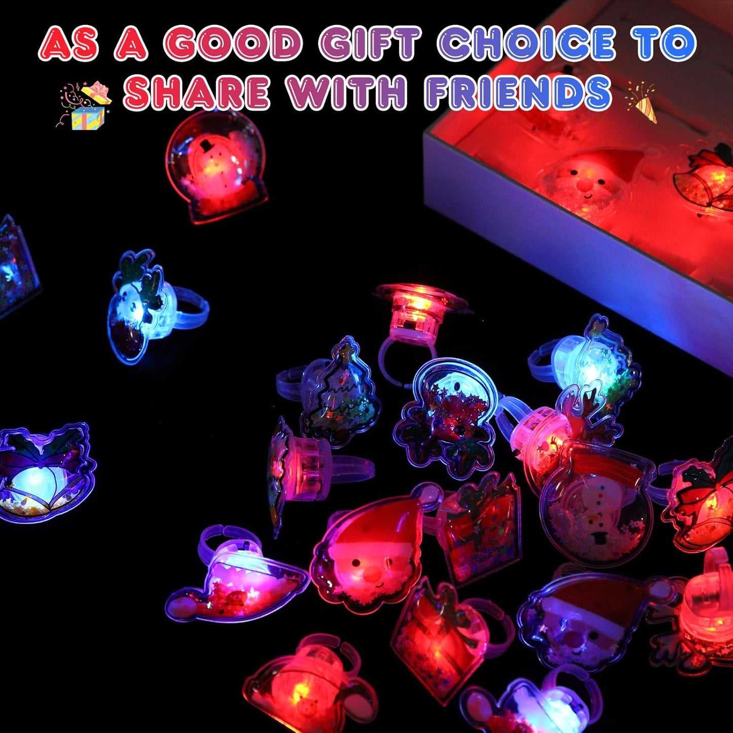 TUWUNA Christmas Party Favors 24 Pcs Glitter Christmas LED Light Up Rings Glowing Finger Rings Toys for Party Supplies Classroom Prizes Pinata Goodie Bag Stocking Stuffers Gifts