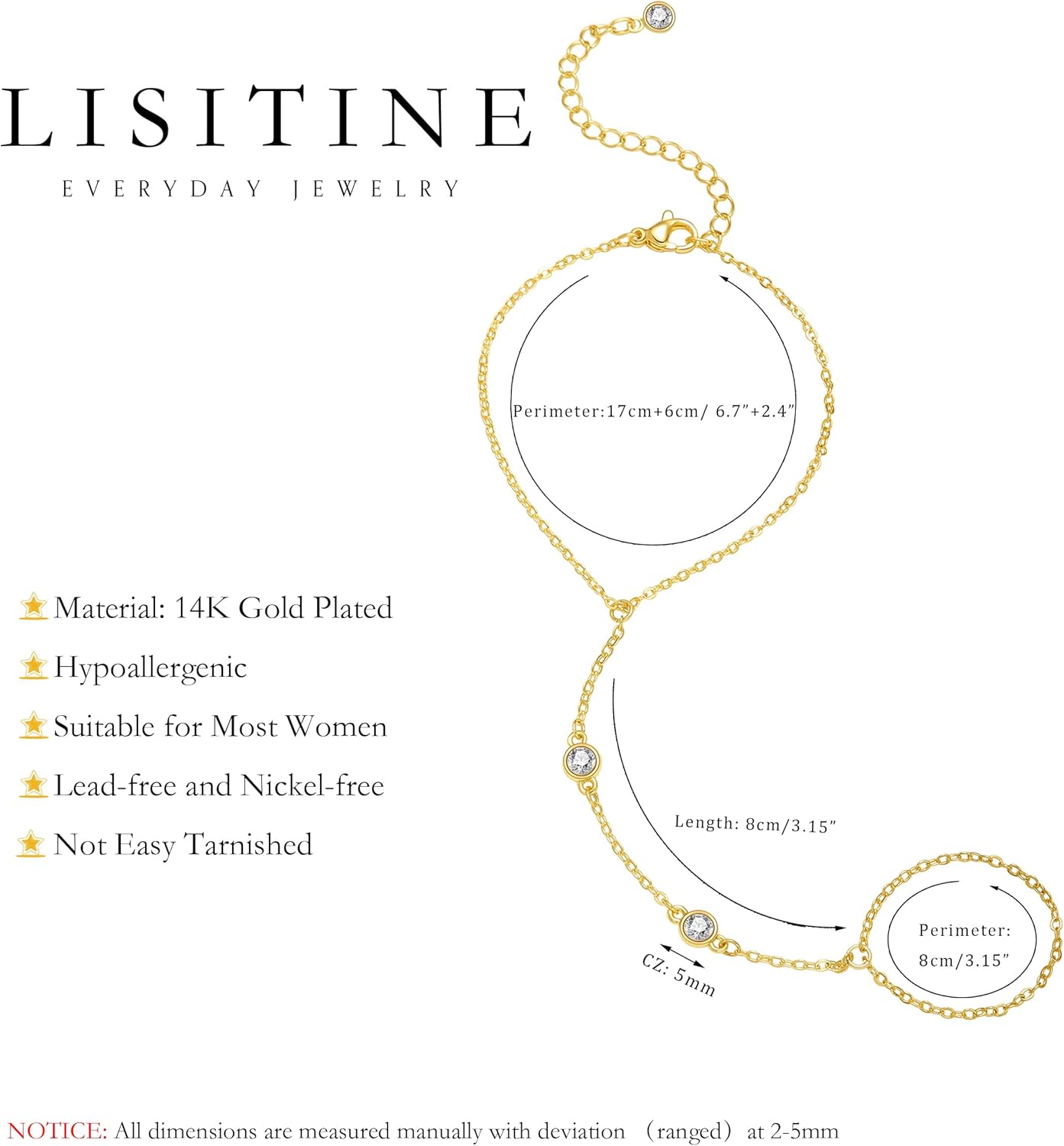 Listine Hand Chain Bracelet 14K Gold Plated Ring Bracelet Hand Chain Trendy Stuff for Women Dainty Hand Bracelets with Finger Ring Hand Jewelry for Women