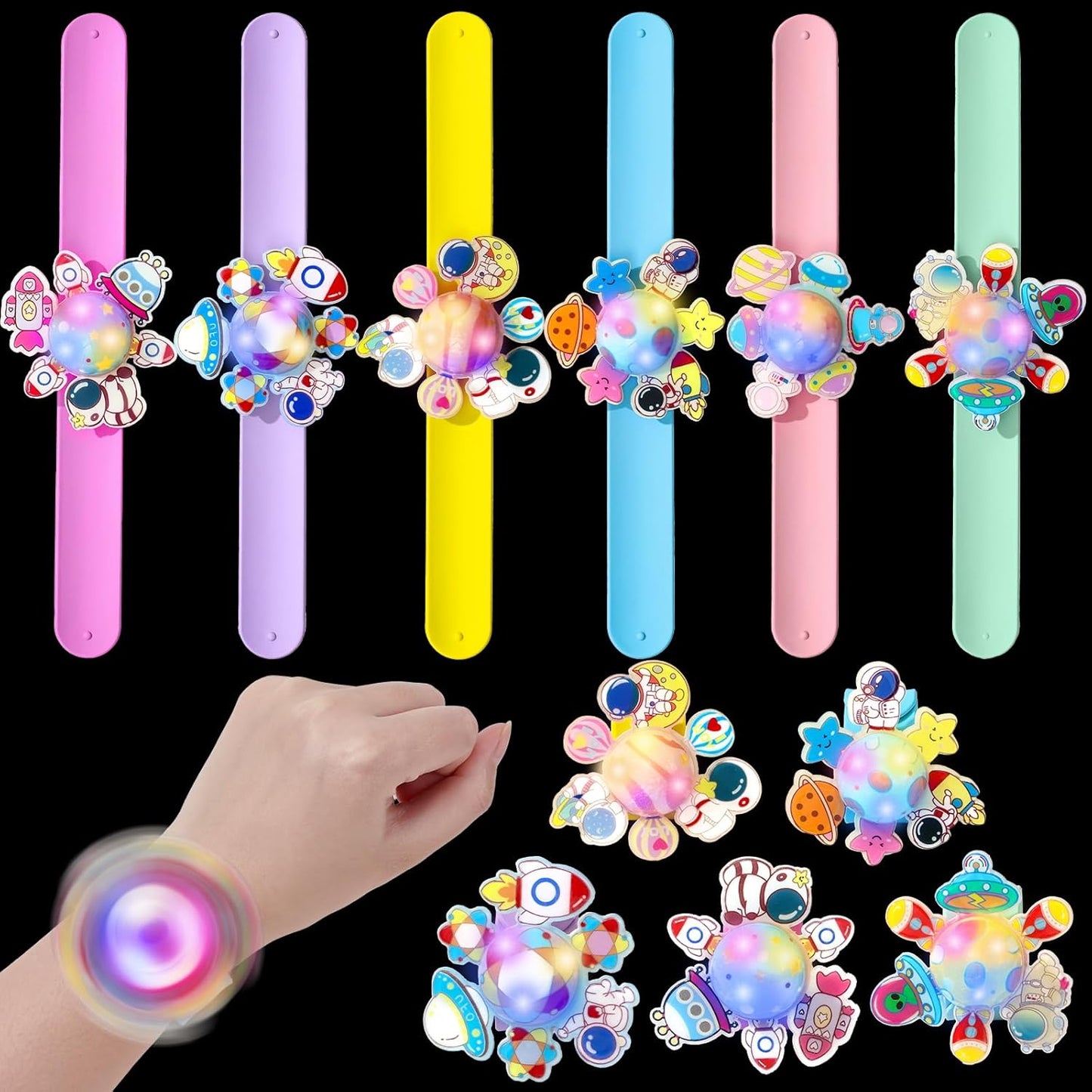 12Pcs LED Light Up Rotating Slap Bracelets Space Party Favors Glow Bracelets, Glow In The Dark Party Supplies Planet Astronaut Birthday Gifts Goodie Bag Stuffers Classroom Rewards for Kids Boys Girls