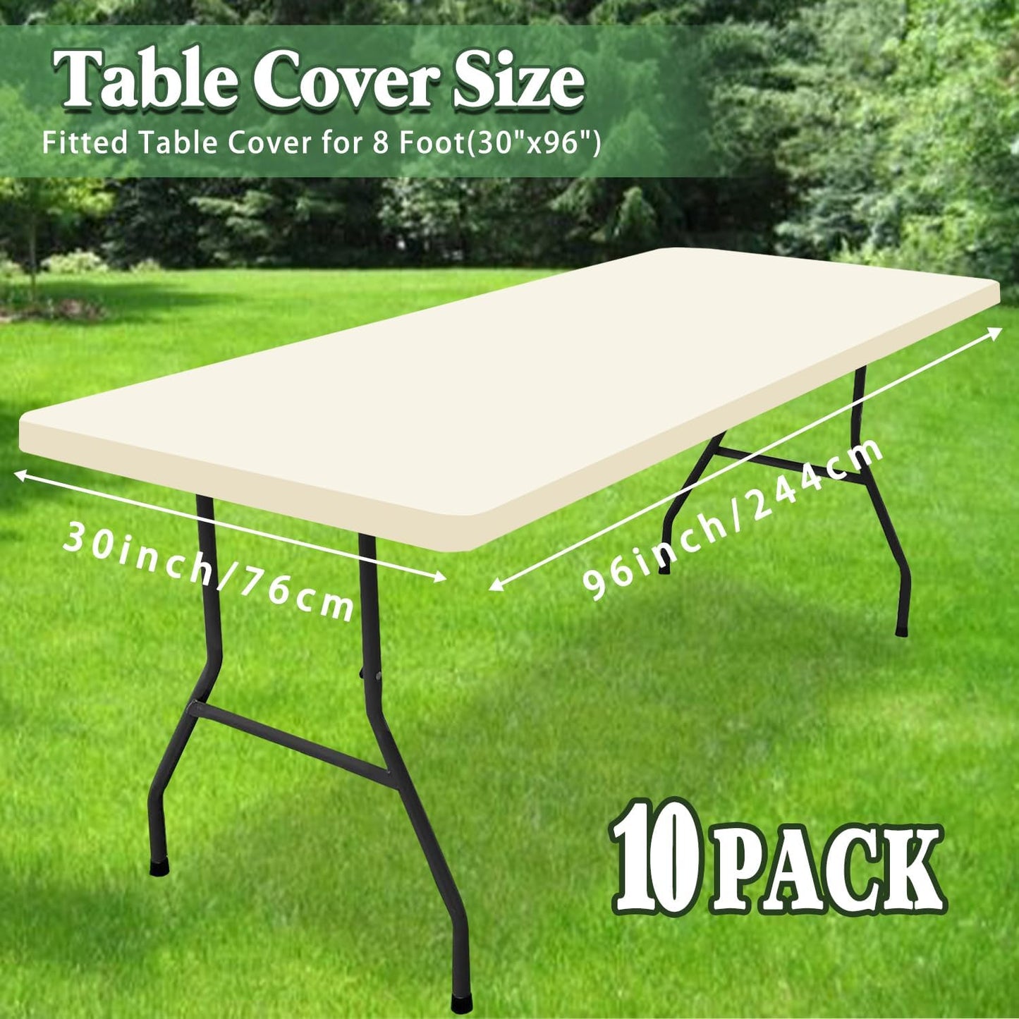 8 Foot Table Cover Fitted 10 Pack Picnic Elastic Tablecloth for Rectangle Tables Waterproof Stretch Washable Folding Indoor Outdoor Spandex Table Cloth for Parties Banquet Camping (Beige,30" x 96")