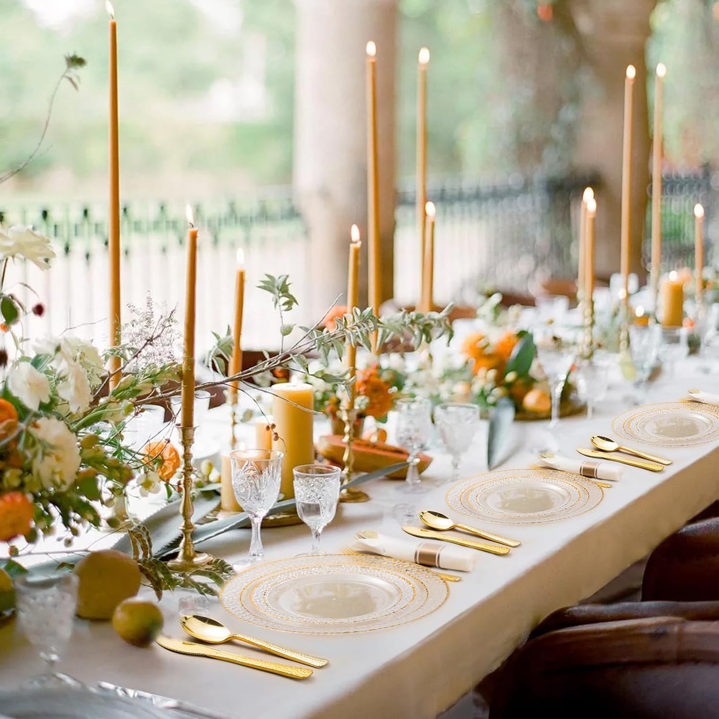 350PCS Clear Plastic Plates with Gold Trim for 50 Guests, Disposable Dinnerware Set for Party & Wedding, Includes 100 Plastic Plates, 50 Pre Rolled Napkins with Gold Silverware, 50 Cups