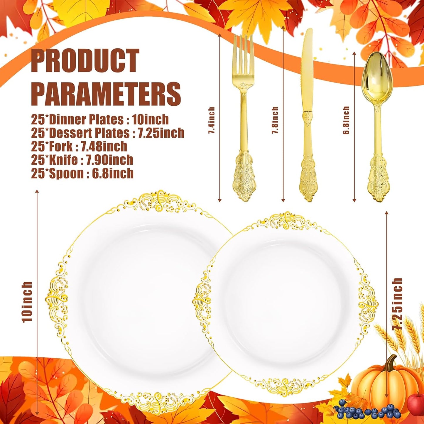 125PCS White and Gold Plastic Plates - Gold Disposable Plates with Plastic Silverware - Vintage Disposable Dinnerware Set for 25 Guests for Christmas Parties, Thanksgiving