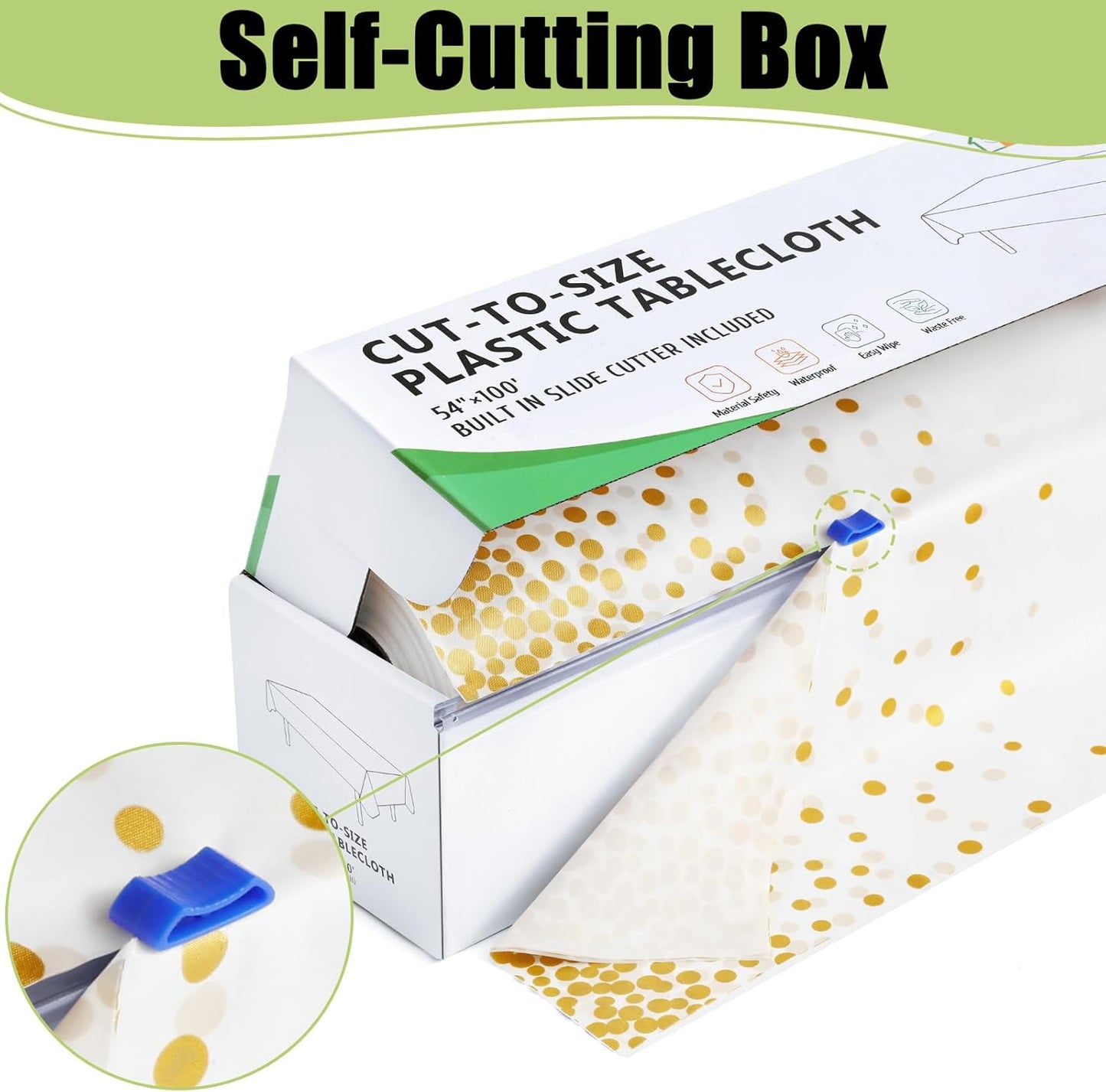 Smiry 54 Inch x 300 Feet Disposable Table Cover Roll, White & Gold Plastic Table Cloth in Cut-to-Size Box with Slide Cutter, Waterproof Rectangle Tablecloths for Weddings, Banquets, Outdoor