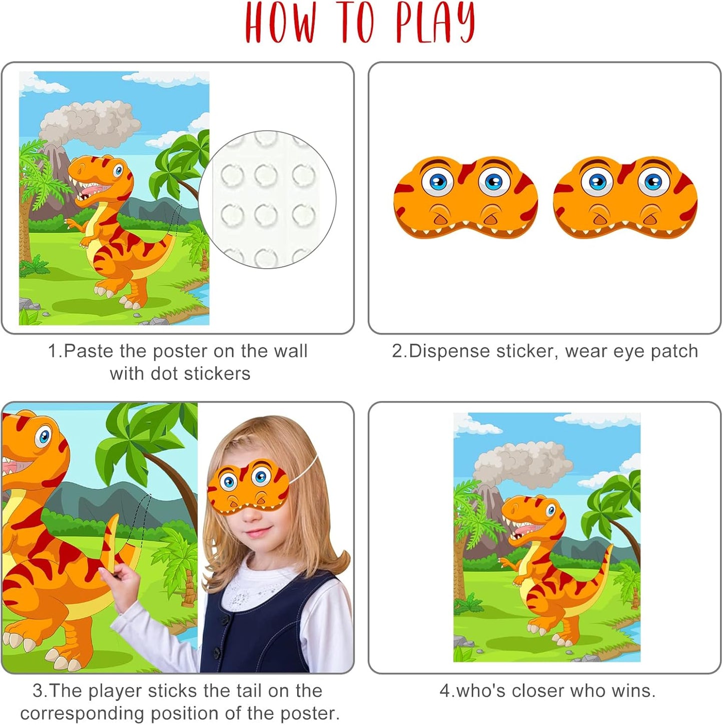 NEBURORA Pin The Tail on The Dinosaur Party Game with 30 Tails for Birthday Christmas Party Supplies, Boys Girls Decorations, Home Wall Decor