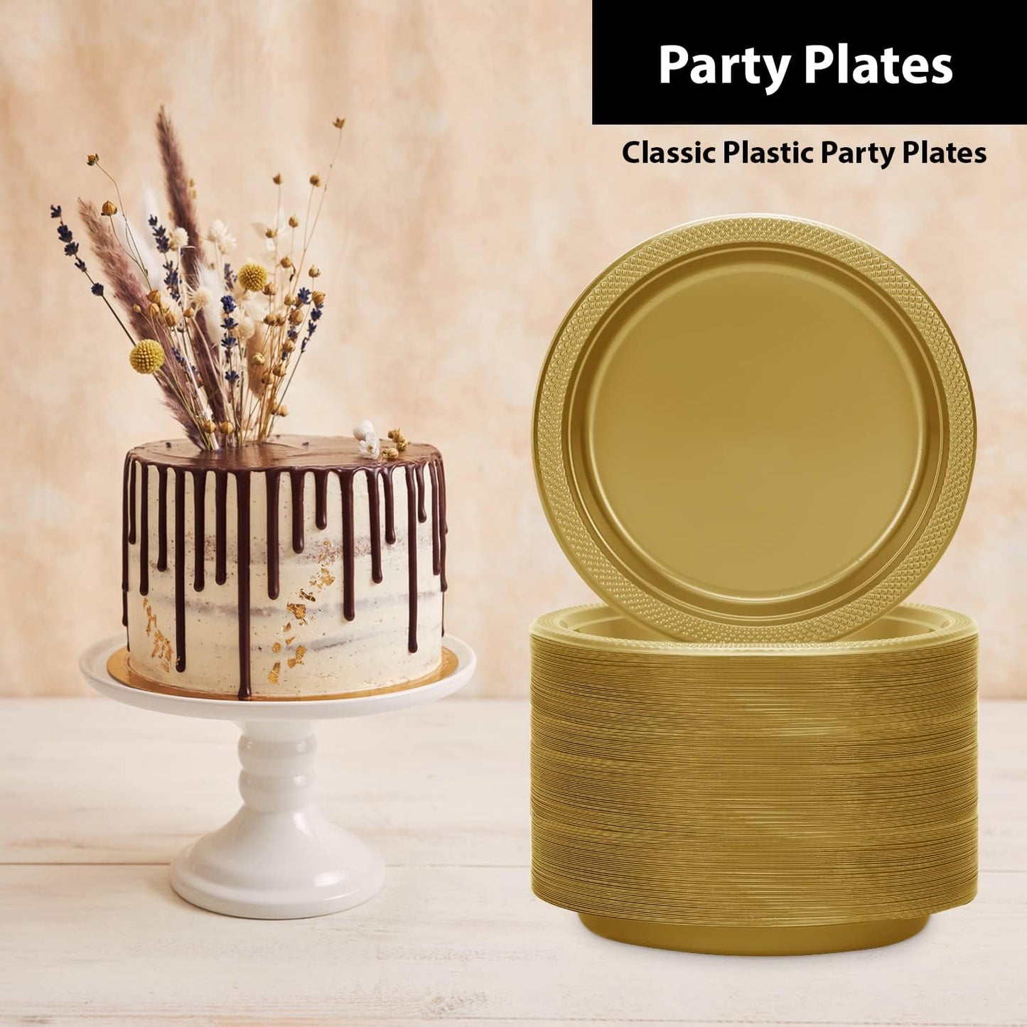 Gold Solid Color Premium Heavy Weight Plastic Dinner Plate (9") 50 Count - Elegant & Durable, Perfect for Parties & Events