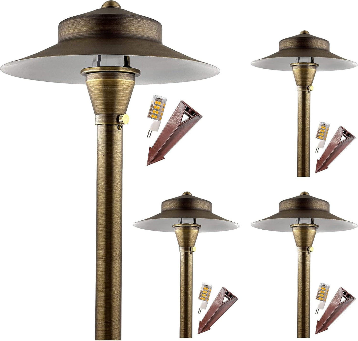 LED Low Voltage Pathway Lights 120- Solid Brass Outdoor Landscape Lights for Garden Pathway & Driveway Outdoor Lighting, 12V Landscape Lighting with Ground Stake & G4 LED Bulb (4 Pack Wide Top 8-1/2")