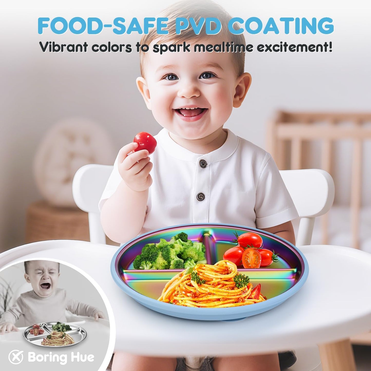 Stainless Steel Toddler Plates with Suction, 9" BPA-Free Rainbow Baby Plates 2pcs with Removable Food-Grade Silicone Base, Divided Kids Plates Dishwasher Safe, Blue & Green