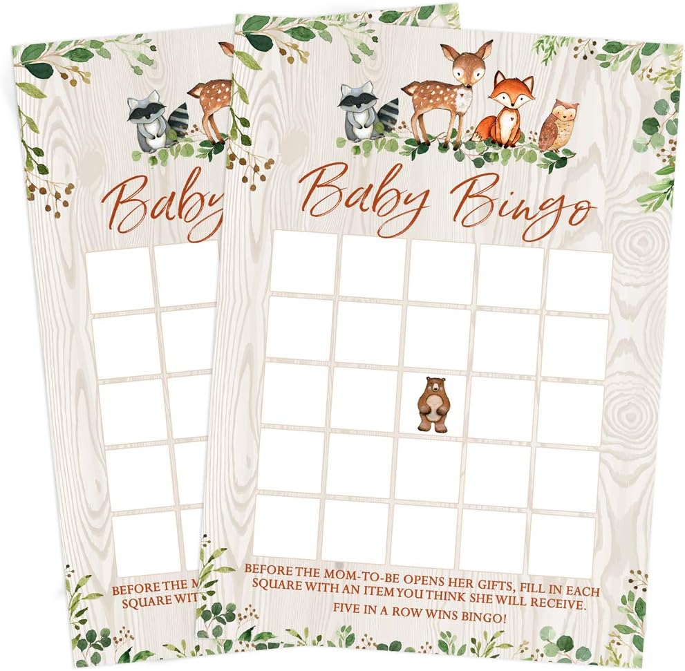Printed Party Woodland Baby Shower Game Set – 5 Fun Games & Activities for Boy or Girl, Woodland Forest Animals Theme, 50 Guests