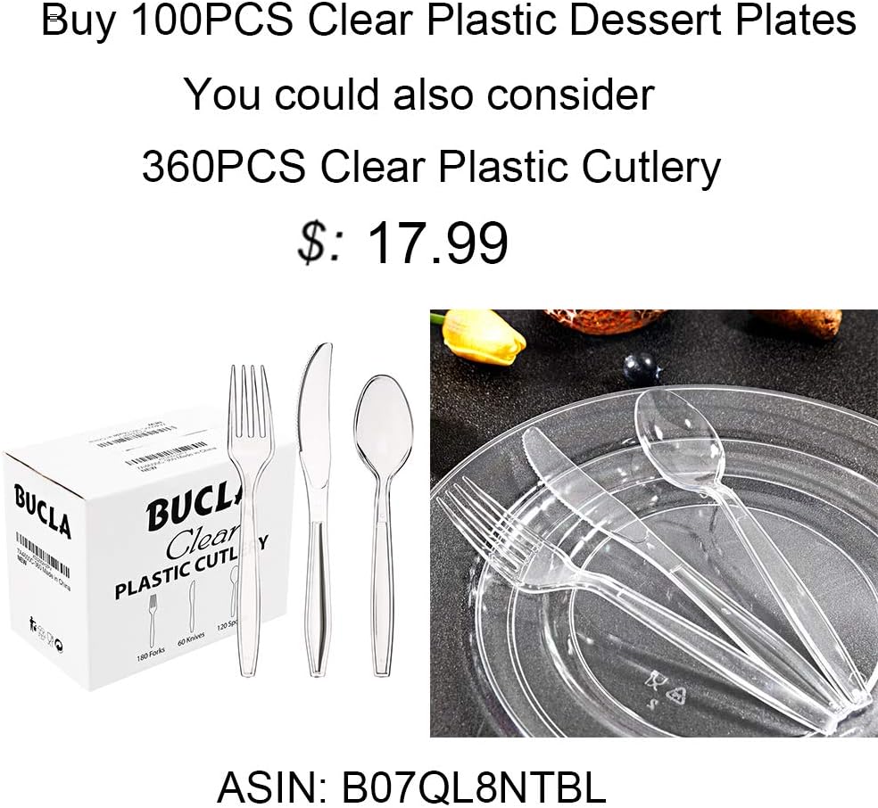 bUCLA 100Pieces Clear Plastic Plates - 6.25inch Premium Hard Disposable Salad/Dessert/Appetizer/Small Cake Plates for Wedding& Party
