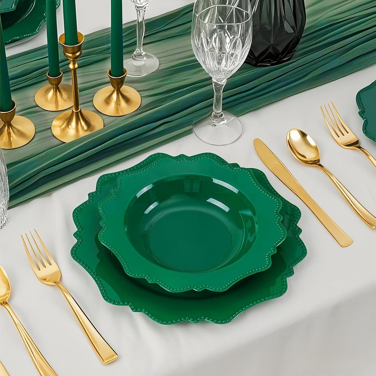 COLOSUS 60 Pack Green White Plastic Bowls, 12 oz Disposable Soup Bowls, Premium Plastic Dinner Bowls,Heavy-duty Dessert Salad Bowl for Party, Wedding, Dinner, Christmas, Thanksgiving, and Catering