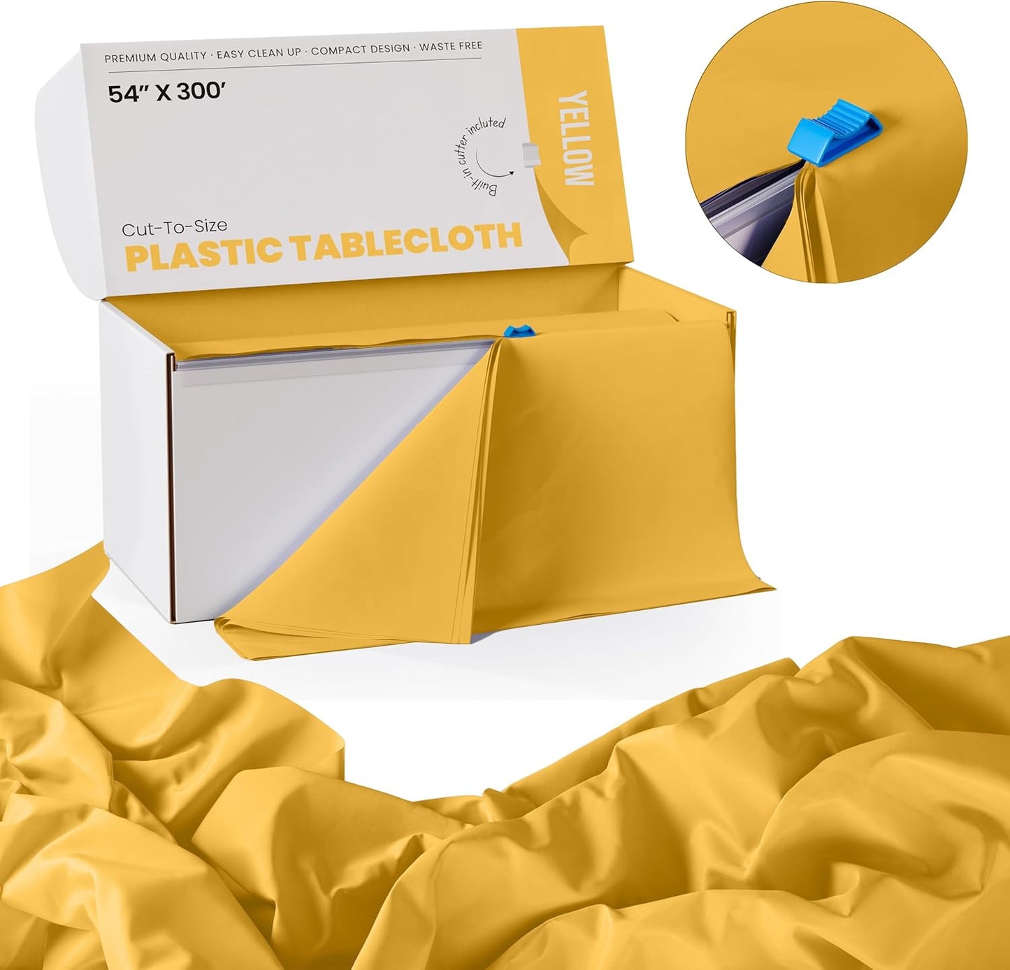 Party Solids 54 Inch X 300 Feet Yellow Plastic Table Cover Roll in A Cut - to - Size Box with Convenient Slide Cutter. Cuts Up to 36 Rectangle 8 Feet Plastic Disposable Tablecloths
