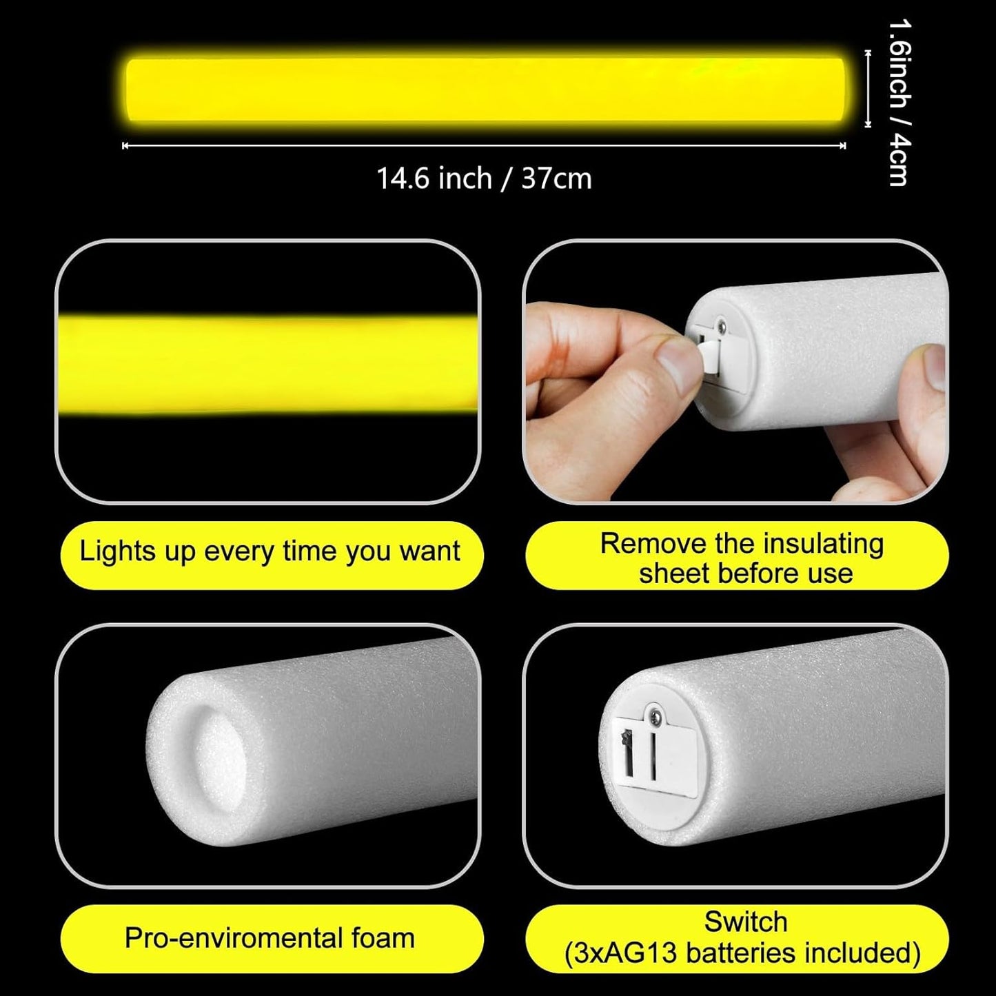 Glow Foam Wand, 36 Pcs Giant Yellow LED Light Up Sticks Flashing Glowing Baton Wands Party Supplies for Easter, Wedding, Raves,Concert,Birthday,Christmas, Halloween