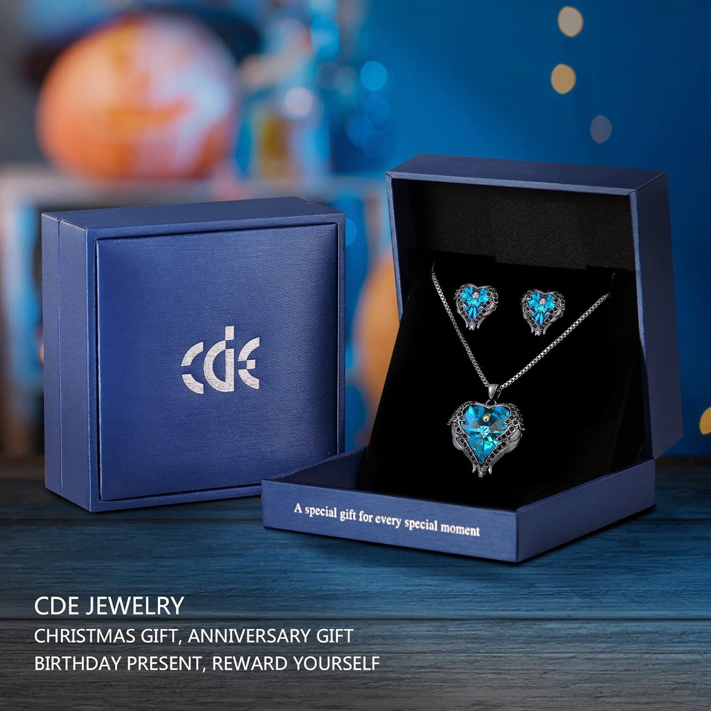 CDE Mothers Day Jewelry Set for Women, Angle Wing Heart Pendant Necklaces and Earrings with Birthstone， Birthday/Anniversary Christmas Jewelry Gift for Women Wife Her