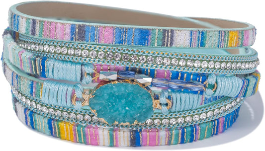 FANCY SHINY Leather Wrap Bracelet Boho Cuff Bangle Bracelets Crystal Bead Bracelet with Magnetic Clasp Jewelry Gifts for Women