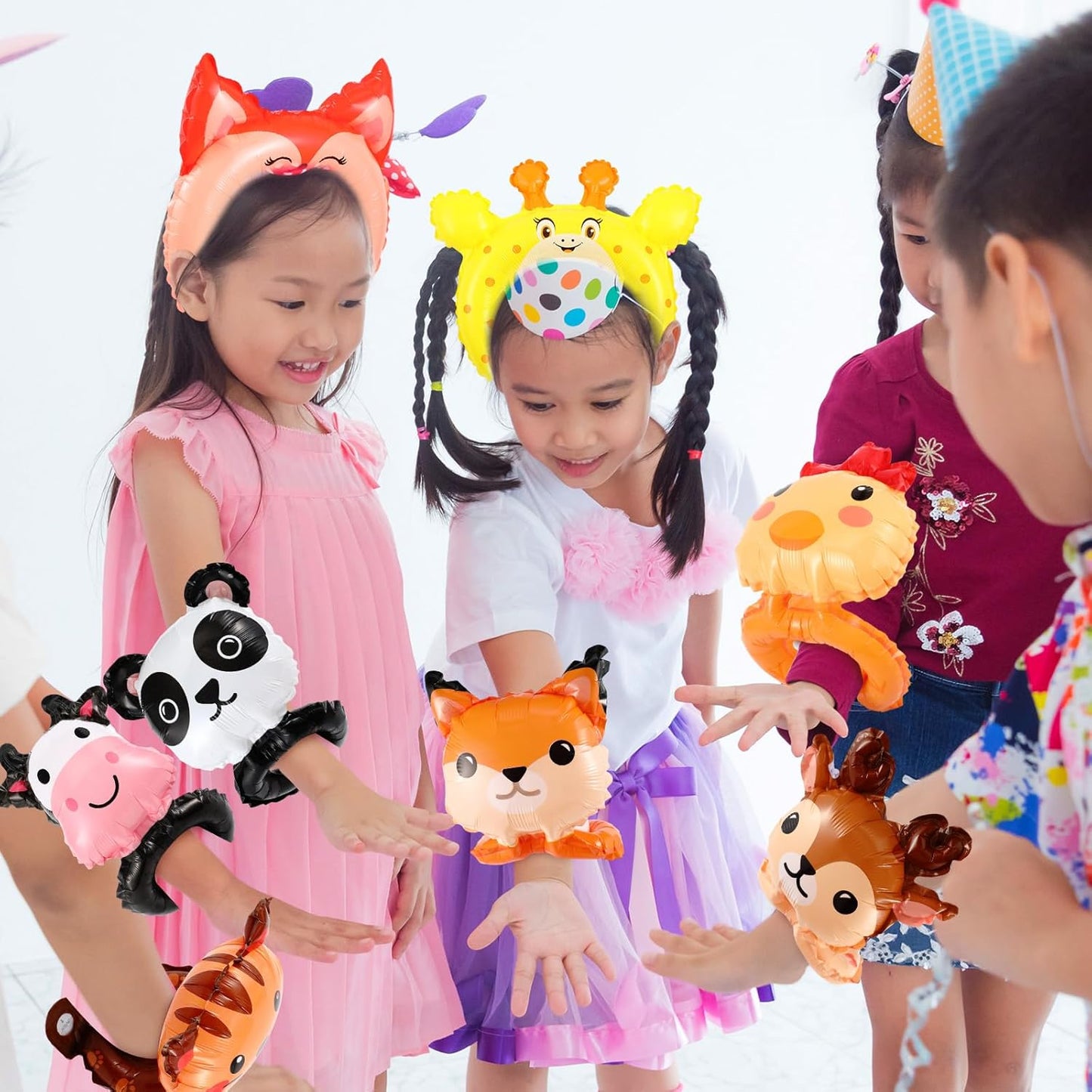 Libima 60 Pcs Zoo Animal Inflatable Party Set, Inflatable Headbands & Wrist Balloons with Manual Air Pump, Cartoon Animal Decor for Kids Birthday, Carnival, Christmas, School Classroom Activities