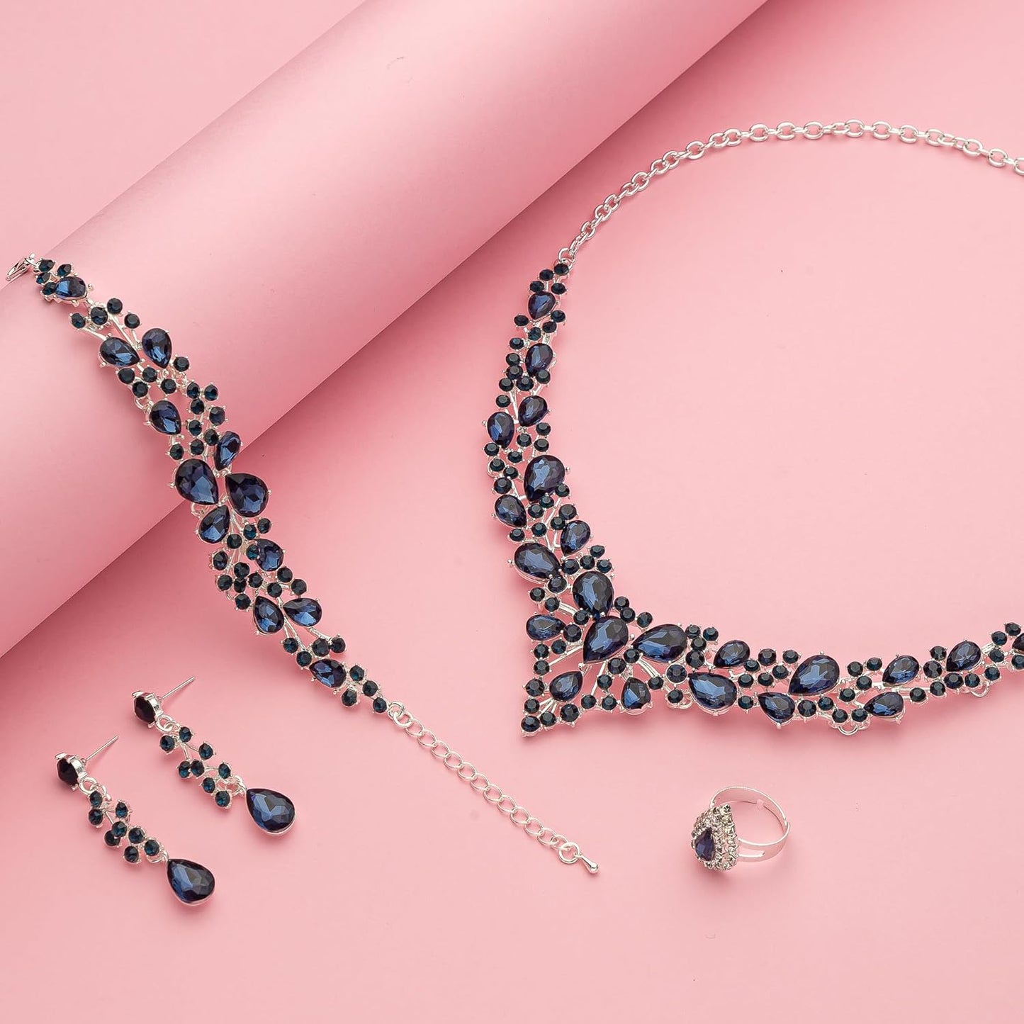 Crystal Bridal Wedding Jewelry Sets for Women Rhinestone Teardrop Crystal Statement Choker Necklace Drop Earrings Link Bracelets Rings Teardrop Jewelry Set for Brides Bridesmaids