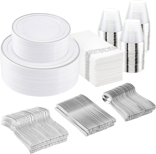 I00000 350Pcs Silver Plastic Dinnerware Set, Plastic Plates Disposable for 50 Guests Include: 100 Silver Rim Plates, 50 Paper Napkins, 50 Cups, 50 Plastic Silverware Set Perfect for Party & Wedding