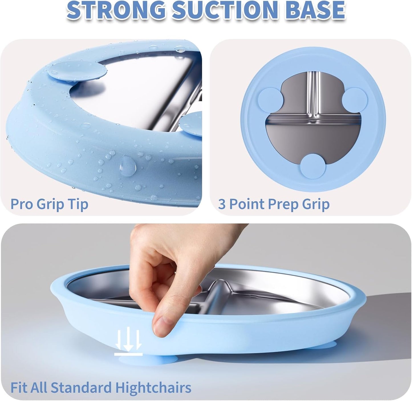 Stainless Steel Toddler Plate with Suction, 9” Divided Plates with Removable Silicone Sleeves for Kids, Non Toxic & BPA Free | Non Slip | Unbreakable Baby Snack Dishes Set of 2, Blue & Gray
