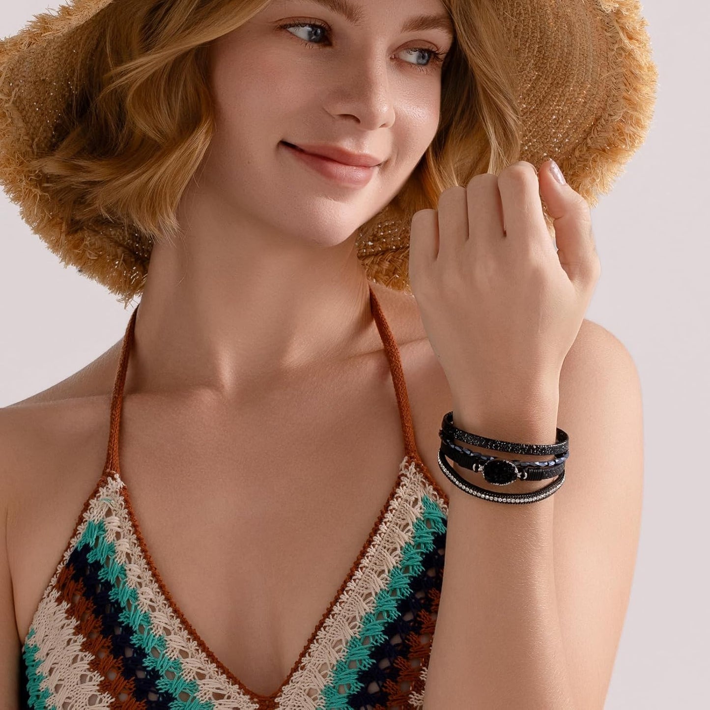 FANCY SHINY Leather Wrap Bracelet Boho Cuff Bangle Bracelets Crystal Bead Bracelet with Magnetic Clasp Jewelry Gifts for Women