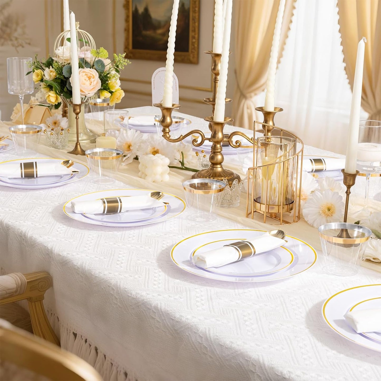 SUT 350 Pcs Gold and White Plastic Dinnerware Set for 50 Guests, Include: 50 Dinner Plates, 50 Dessert Plates, 50 Pre Rolled Napkins With Silverware, 50 Cups, Disposable Plates for Party, Wedding