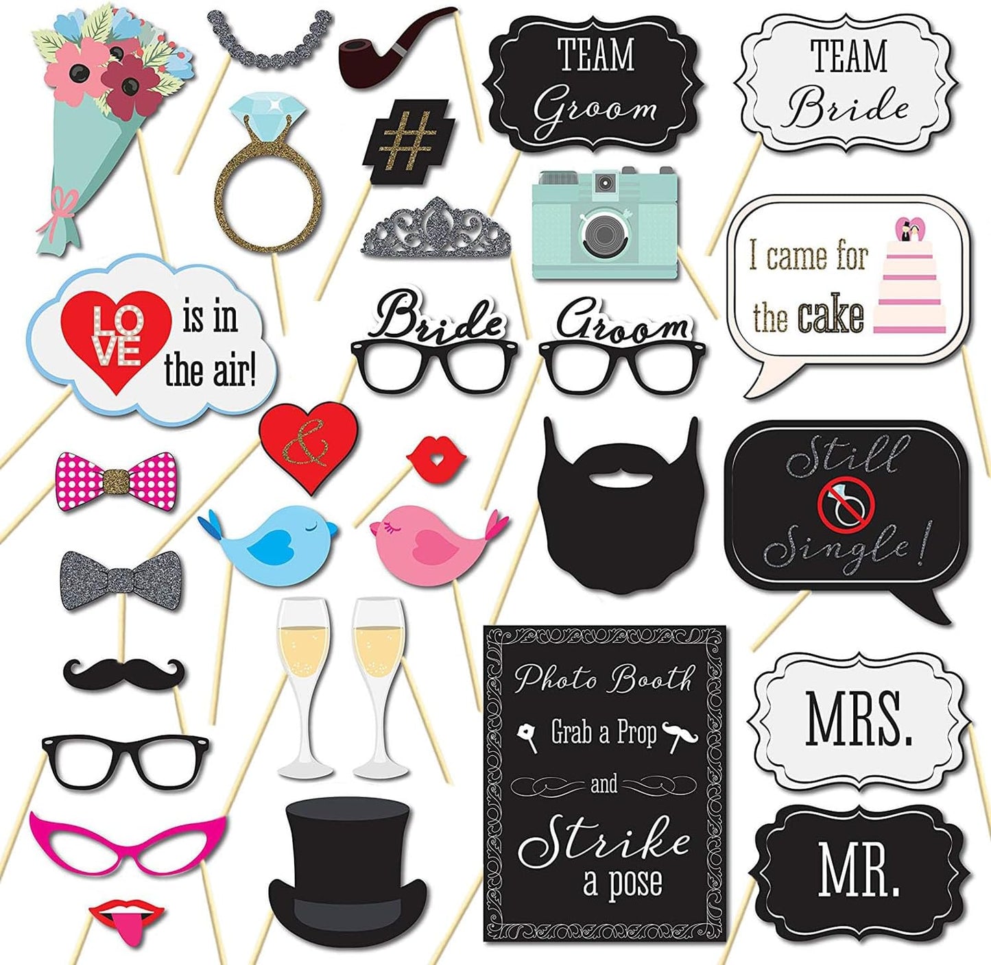Wedding Photo Booth Props,31Pcs Set of Wedding Selfie Party Supplies&Decorations Supplies with Real Glitter Cute Wedding Backdrop and Selfie Station