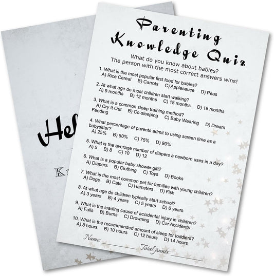 Baby Shower Parenting Knowledge Trivia Game Cards - 30 Players Minimalist Party Game Light Gray Stars Ready to Play Instant Fun Answer Keys Included 5x7 Inch (Knowledge Quiz)