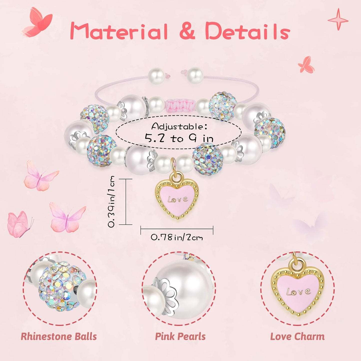 Artlunar Pink Pearl Butterfly Bracelet for Girls, Adjustable Sliding Knot (5.2”-9”) Stainless Steel & Pearl Charm – Kids Birthday Gift Jewelry for Daughter, Granddaughter, Niece