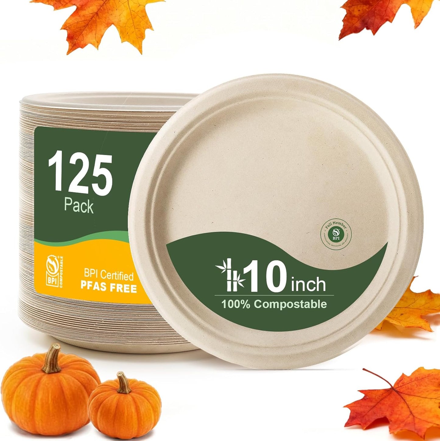 WELLIFE 100% Compostable Paper Plates 10 Inch, 125-Pack Heavy Duty Paper Plates Bulk,Biodegradable Bagasse,Eco-Friendly Disposable Dinner Plate for BBQ,Picnic,Party (BPI Certified,Microwaveable)