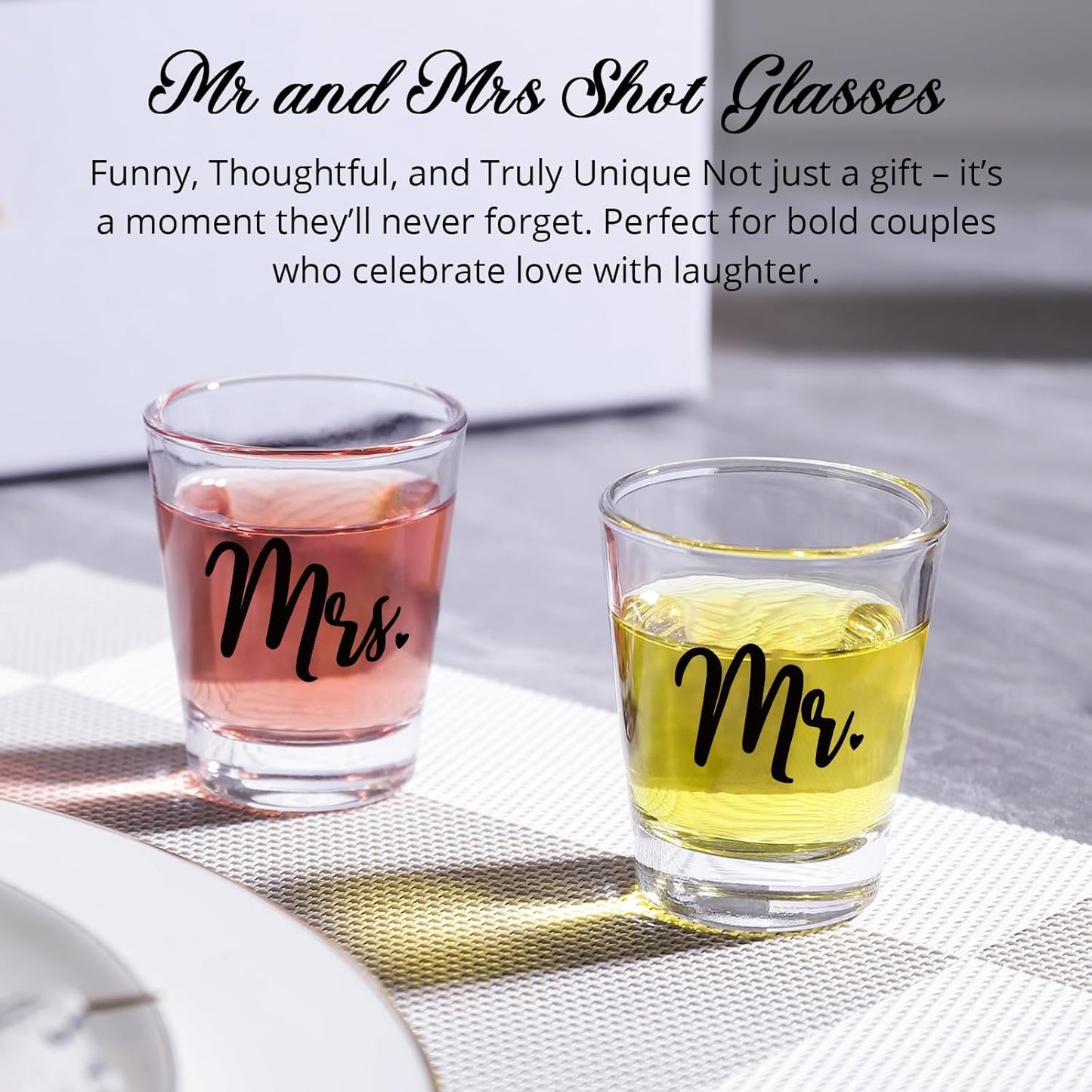 Funny Engagement Gift Set – 4PCS Mr and Mrs Glasses with Ring Finger Wine Glass & Whiskey Glass – Shot Glasses for Newly Engaged Couple – Bridal Shower, Wedding, Bachelorette Gifts for Him & Her