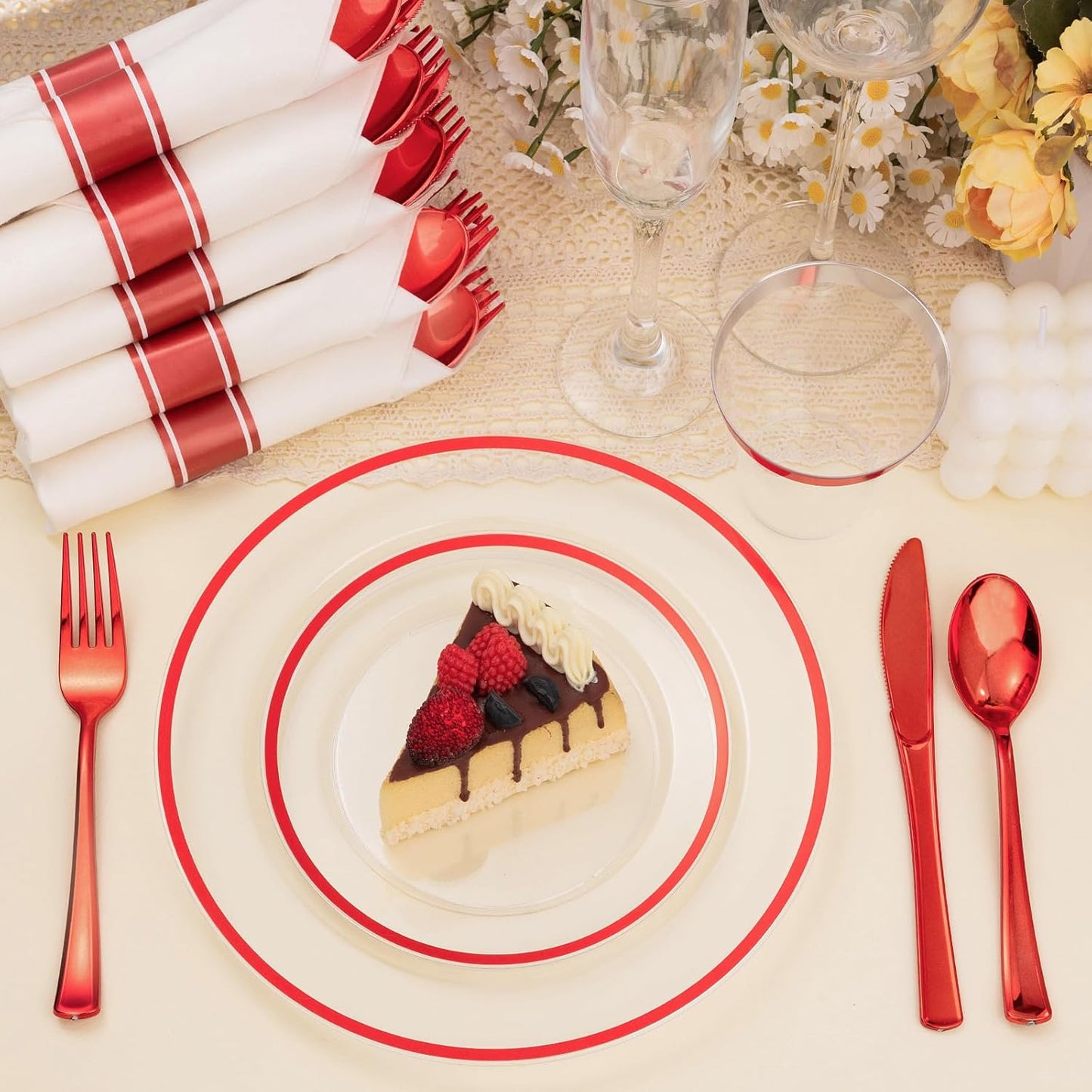 175PCS Clear and Red Disposable Plates Set for 25 Guests, 50 Plastic Plates, 25 Cups, 25 Pre-Rolled Napkins with Plastic Cutlery for Party, Birthday, Thanksgiving, Halloween, Christmas