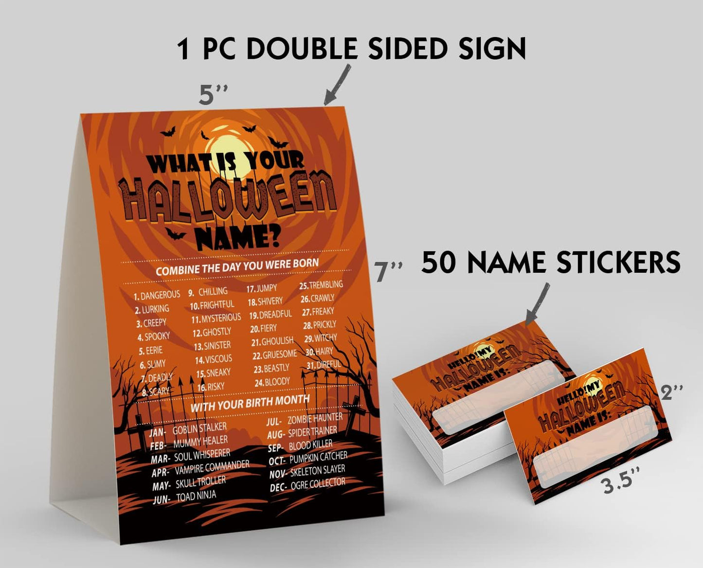 What's Your Halloween Name Game, Halloween Party Games, 50 Name Tag Stickers and One Sign, Birthday Party Games, Baby Shower Games - G041