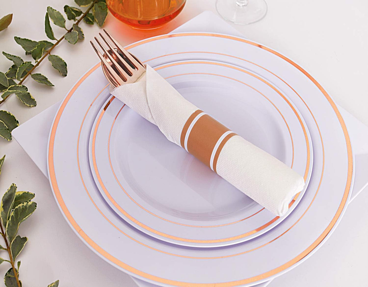 Supernal Set of 30packs,Rose Gold Plastic Silverware, Pre Rolled Napkin with Cutlery, Disposable Silverware with Rose Gold Linen Napkin, Wrapped Plastic Silverware Set Suit for Party,Wedding