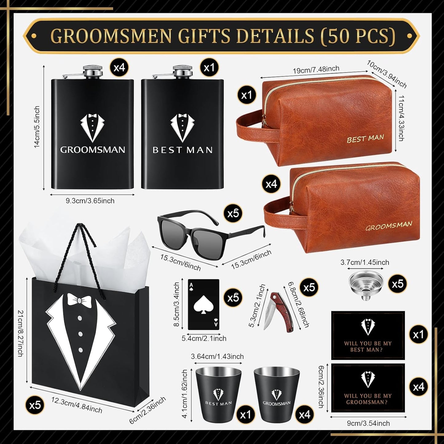 50Pcs Groomsmen Gifts Groomsmen Proposal Box with Flasks Sunglasses PU Leather Toiletry Bag Bottle Opener for Wedding Groomsman Best Man Gift (Brown)