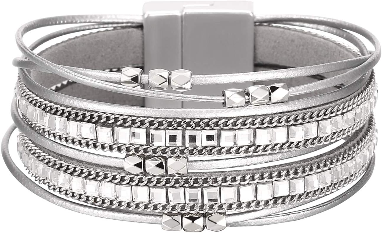 Fesciory Leather Wrap Bracelets for Women, Boho Leopard Multi-Layer Crystal Beads Cuff Bracelet Jewelry