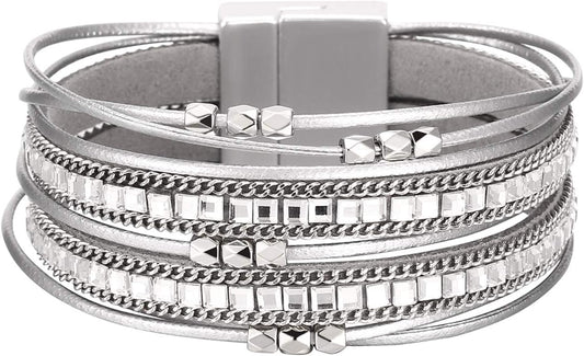 Fesciory Leather Wrap Bracelets for Women, Boho Leopard Multi-Layer Crystal Beads Cuff Bracelet Jewelry