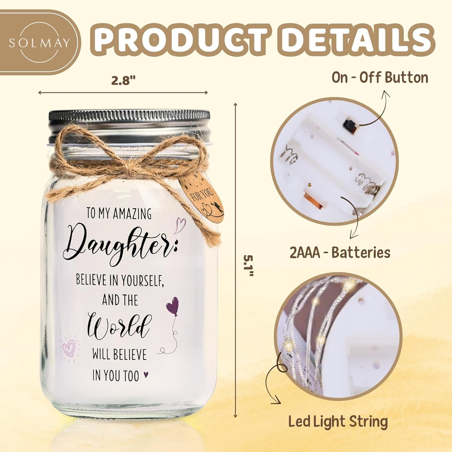 SOLMAY Mason Jar Night Light for Daughter – Sentimental Birthday, Christmas, Graduation & Mother’s Day Gift from Mom or Dad – Inspirational Decorative Jar Lamp with LED Fairy Lights